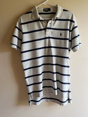 Ralph Lauren Grey Navy stripes rugby polo shirt sporty golf preppy casual